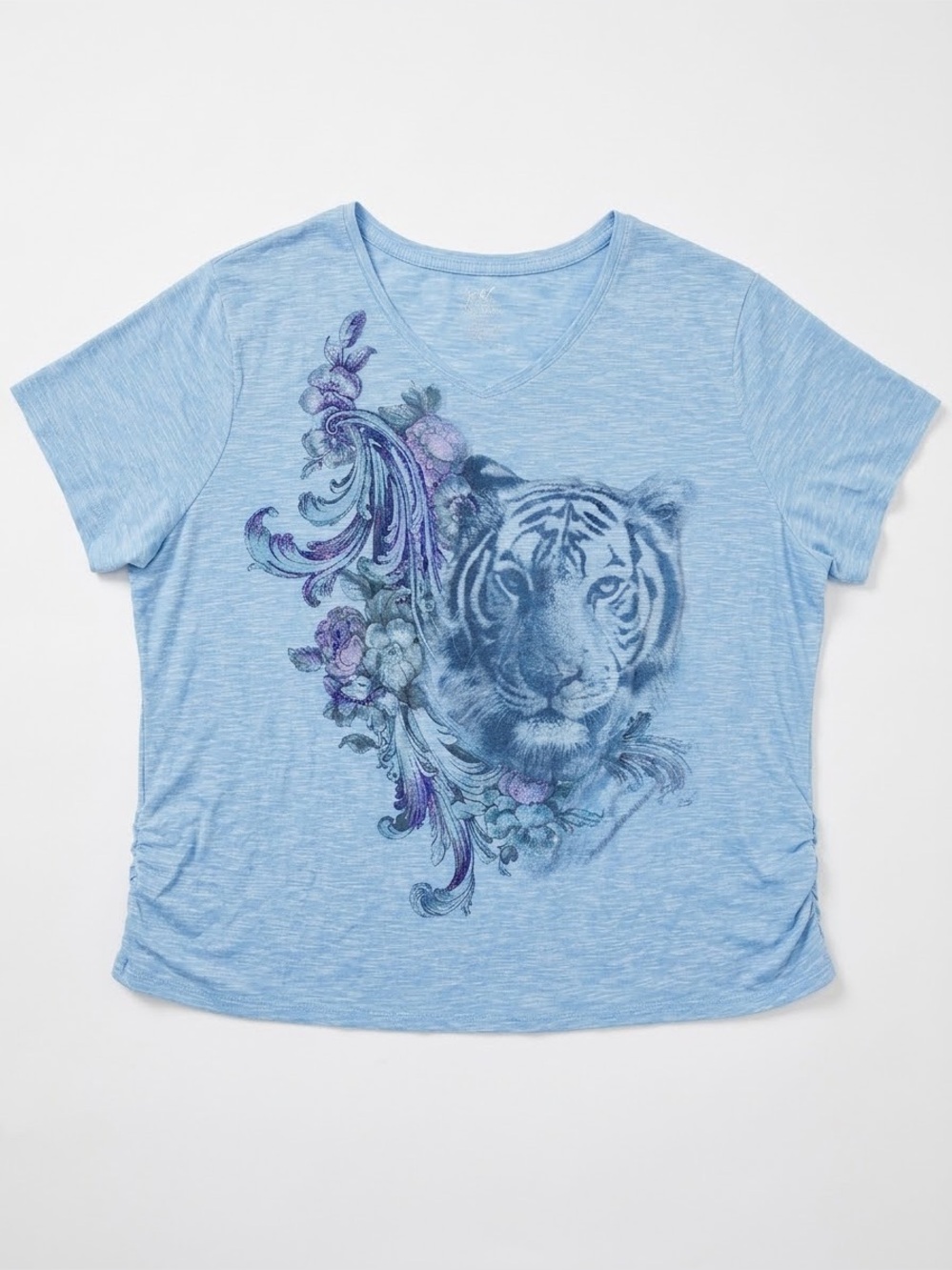 Vintage Y2K Tiger Graphic V-Neck Shirt 4X Glitter Floral Space Dye Top